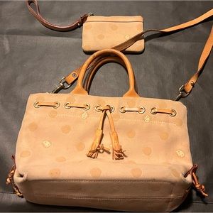 Dooney and Bourke tan polka dot handbag with crossbody leather strap